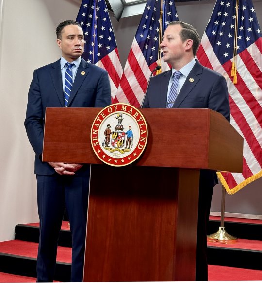 Senate Judicial Proceedings Committee Chair Will Smith, D-Montgomery (left), and Senate President Bill Ferguson, D-Baltimore City (right), spoke at a press conference on March 1, 2024, where they announced that legislation to legalize medical aid in dying would not move out of its committee phase. (Photo: Sapna Bansil)